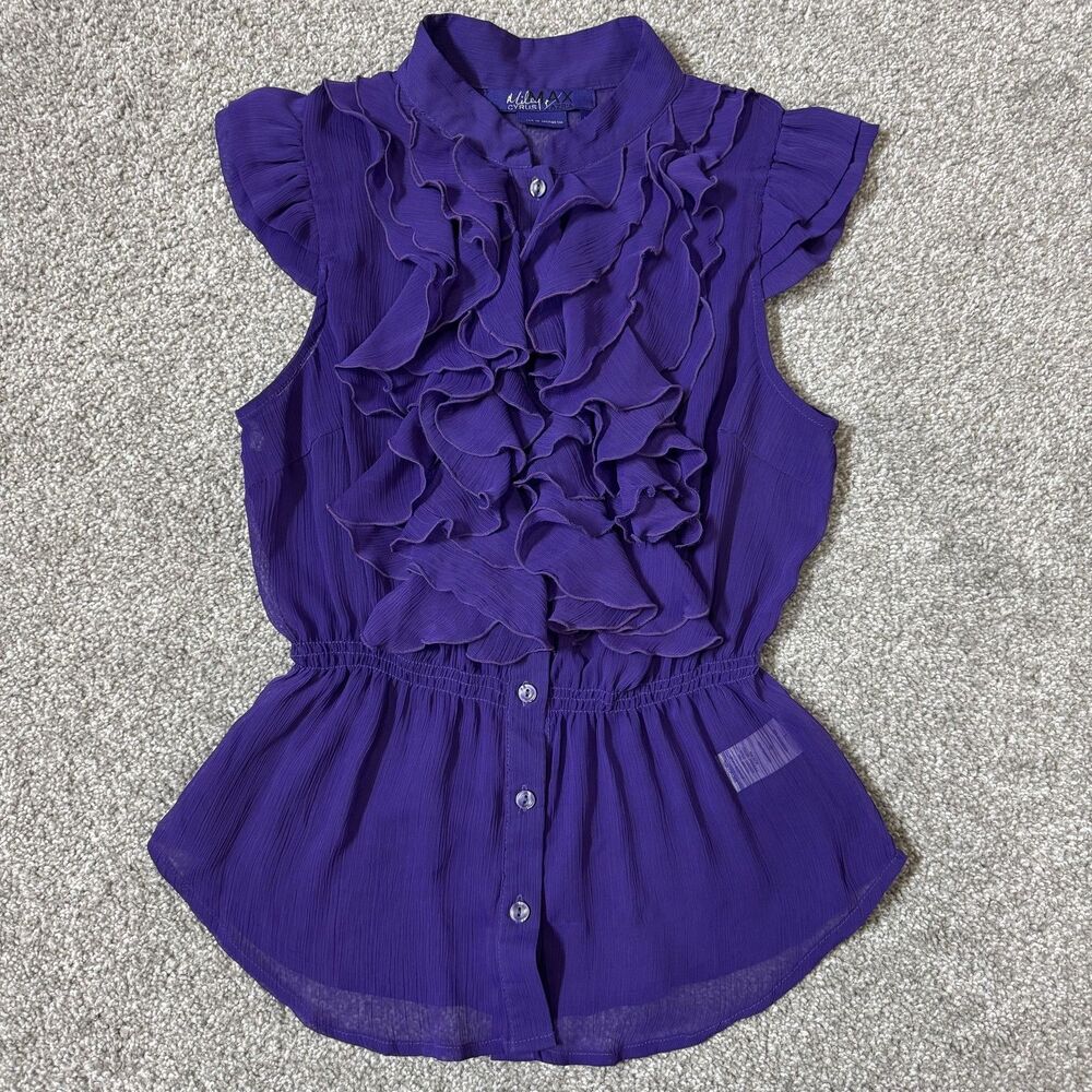 Miley Cyrus Max Azria Blouse Womens Large Purple Ruffle Button Front Sheer